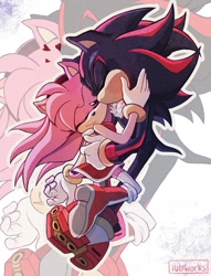 Size: 1080x1417 | Tagged: safe, artist:carlapereiraherrer, amy rose, shadow the hedgehog, 2025, age difference, amy x shadow, duo, echo background, eyes closed, heart, holding them, outline, shipping, signature, smile, straight, underage