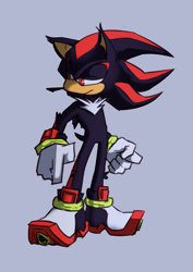 Size: 977x1382 | Tagged: safe, artist:vexania11, shadow the hedgehog, 2025, frown, grey background, lidded eyes, looking offscreen, simple background, solo, standing