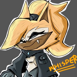 Size: 1280x1280 | Tagged: safe, artist:unoriginalcreator, whisper the wolf, 2022, character name, eyes closed, frown, grey background, one fang, outline, simple background, solo