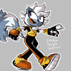 Size: 1280x1280 | Tagged: safe, artist:unoriginalcreator, tangle the lemur, 2022, grey background, looking offscreen, mouth open, open smile, outline, pointing, simple background, sketch, smile, solo, walking