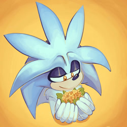 Size: 1024x1024 | Tagged: safe, artist:jellial, silver the hedgehog, 2020, bust, flower, holding something, lidded eyes, looking at something, simple background, smile, solo, yellow background