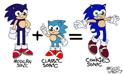 Size: 2700x1650 | Tagged: safe, artist:mushroom-cookie-bear, sonic the hedgehog, 2017, classic sonic, cute, design comparison, english text, flat colors, looking at viewer, modern sonic, self paradox, signature, simple background, smile, sonabetes, text, trio, white background