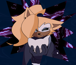 Size: 3018x2595 | Tagged: safe, artist:noinxwarpstar, whisper the wolf, 2023, abstract background, bust, flat colors, floppy ear, frown, holding something, looking at viewer, one fang, solo, squinting