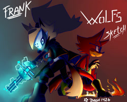 Size: 2000x1600 | Tagged: safe, artist:franko001, gadget the wolf, whisper the wolf, wolf, sonic forces, 2021, back to back, duo, electricity, fighting pose, fire, frown, gradient background, looking offscreen, mask over eyes, one fang, posing, signature, standing