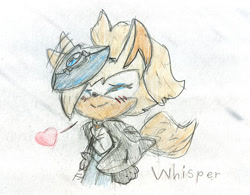 Size: 1200x936 | Tagged: safe, artist:siuseek, whisper the wolf, wolf, 2022, blushing, character name, cute, eyes closed, floppy ear, heart, pencilwork, signature, sketch, smile, solo, traditional media, whispabetes