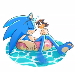 Size: 2048x2013 | Tagged: safe, artist:pw1wi, sonic the hedgehog, 2025, barefoot, eyes closed, eyewear on head, flower, flower chain, gloves off, heart, holding something, pawpads, paws, simple background, smile, solo, sonic ice cream, sunglasses, swimming tube, water, white background