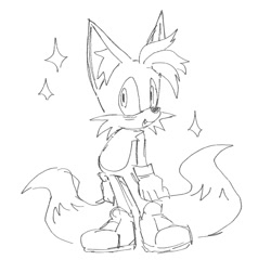 Size: 1461x1400 | Tagged: safe, artist:lacydbike, miles "tails" prower, 2025, line art, looking at viewer, monochrome, mouth open, one fang, open smile, simple background, smile, solo, sparkles, standing, white background