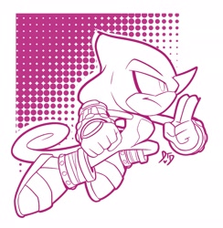 Size: 1997x2048 | Tagged: safe, artist:drawntildawn, espio the chameleon, 2025, abstract background, clenched fist, frown, line art, looking offscreen, mid-air, monochrome, posing, signature, solo