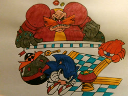 Size: 1280x960 | Tagged: safe, artist:julianivorobotnik, robotnik, sonic the hedgehog, human, 2019, angry, badnik, black sclera, chaos emerald, classic sonic, curled up, duo, key, robot, sonic labyrinth, spinball, spring, traditional media