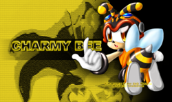 Size: 1419x839 | Tagged: safe, artist:dobiba, charmy bee, bee, 2008, abstract background, character name, charmabetes, cute, goggles, lineless, looking at viewer, looking back, looking back at viewer, mouth open, pilot hat, pointing, signature, solo, wallpaper