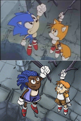 Size: 800x1200 | Tagged: safe, artist:future-gamefreak, miles "tails" prower, sonic the hedgehog, human, sonic the ova, 2013, abstract background, clothes, dark skin, duo, freckles, frown, holding something, humanized, looking up, mouth open, outdoors, redraw, sweatdrop
