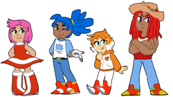 Size: 2651x1481 | Tagged: safe, artist:djschool, amy rose, knuckles the echidna, miles "tails" prower, sonic the hedgehog, human, 2015, arms folded, beanbrows, dark skin, flat colors, freckles, frown, group, humanized, knuckles' hat, simple background, smile, standing, tan skin, white background, wink