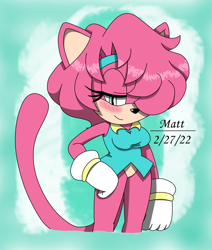 Size: 2700x3190 | Tagged: safe, artist:silverphantom36, oc, oc:jade the cat, cat, 2022, abstract background, blushing, busty oc, female, hair over one eye, hand on hip, lidded eyes, looking at viewer, oc only, signature, solo, standing