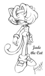 Size: 443x735 | Tagged: safe, artist:chibi-jen-hen, oc, oc:jade the cat, cat, 2005, character name, frown, hair over one eye, line art, looking offscreen, oc only, signature, sketch, solo, standing, text