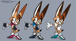 Size: 1920x1039 | Tagged: safe, artist:pomjuicedrops 360, oc, oc:jumper the fennec fox, 2023, bandana, fennec, grey background, mouth open, oc only, open smile, simple background, smile, solo, standing
