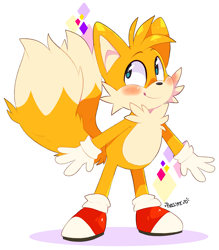 Size: 2237x2551 | Tagged: safe, artist:pixelyteskunk, miles "tails" prower, 2020, blushing, cute, shadow (lighting), signature, simple background, smile, solo, standing, white background