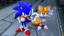 Size: 2048x1152 | Tagged: safe, artist:adverse56, miles "tails" prower, sonic the hedgehog, sonic the ova, 2025, 3d, abstract background, classic sonic, classic tails, duo, frown, looking at viewer, pointing, redraw, v sign