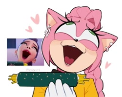 Size: 720x573 | Tagged: safe, artist:kiioki11, amy rose, crossover, faic, food, heart, holding something, k-pop demon hunters, mouth open, redraw, reference inset, simple background, solo, white background, yumi (k-pop demon hunters)