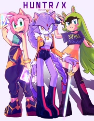 Size: 1600x2048 | Tagged: safe, artist:shad_luu, amy rose, blaze the cat, surge the tenrec, clothes, crossover, huntr/x, k-pop demon hunters, looking at viewer, midriff, mira (k-pop demon hunters), simple background, smile, sword, trio, white background, yumi (k-pop demon hunters), zoey (k-pop demon hunters)