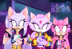 Size: 2048x1402 | Tagged: safe, artist:sonicartisx, amy rose, rouge the bat, 2025, abstract background, chopsticks, crossover, eating, food, huntr/x, k-pop demon hunters, mira (k-pop demon hunters), ramen, redraw, reference inset, shrunken pupils, trio, yumi (k-pop demon hunters), zoey (k-pop demon hunters)