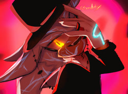 Size: 2048x1496 | Tagged: safe, artist:sonicartisx, silver the hedgehog, 2025, alignment swap, crossover, glowing eyes, gradient background, hand on own face, hat, jinu (k-pop demon hunters), k-pop demon hunters, looking at viewer, mouth open, one fang, open smile, signature, smile, solo, stupid sexy silver