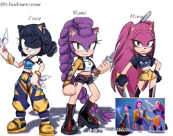 Size: 735x578 | Tagged: source needed, safe, artist:shadowxsonw, hedgehog, barely sonic related, character name, crossover, frown, huntr/x, k-pop demon hunters, looking at viewer, mira (k-pop demon hunters), mobianified, redraw, reference inset, signature, simple background, smile, standing, sword, trio, white background, wink, yumi (k-pop demon hunters), zoey (k-pop demon hunters)