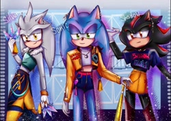 Size: 736x522 | Tagged: artist needed, source needed, safe, shadow the hedgehog, silver the hedgehog, sonic the hedgehog, abstract background, baseball bat, character name, clothes, crossover, huntr/x, k-pop demon hunters, looking at viewer, mira (k-pop demon hunters), ninja star, smile, sword, trio, weapon, yumi (k-pop demon hunters), zoey (k-pop demon hunters)