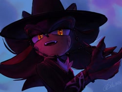 Size: 736x552 | Tagged: safe, artist:shu_0696, shadow the hedgehog, clothes, crossover, fangs, glowing eyes, hat, jinu (k-pop demon hunters), k-pop demon hunters, lidded eyes, looking at viewer, mouth open, smile, solo, stupid sexy shadow