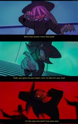 Size: 1283x2048 | Tagged: safe, artist:yeonwu08, shadow the hedgehog, silver the hedgehog, sonic the hedgehog, 2025, abstract background, claws, clothes, crossover, dialogue, english text, glowing eyes, hat, jinu (k-pop demon hunters), k-pop demon hunters, looking at viewer, mouth open, mystery (k-pop demon hunters), saja boys, singing, text, trio