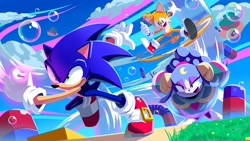 Size: 2048x1152 | Tagged: safe, artist:pocho22059768, miles "tails" prower, sonic the hedgehog, sonic dream team, 2025, abstract background, ariem, bubble, building, clouds, daytime, dream orb, flower, flying, grass, holding something, looking at viewer, looking offscreen, mouth open, outdoors, running, smile, spinning tails, trio, wink