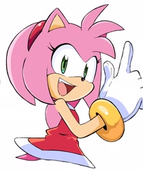Size: 1718x2048 | Tagged: safe, artist:randomguy9991, amy rose, 2025, looking back, looking back at viewer, mouth open, one fang, open smile, pointing, simple background, smile, solo, white background