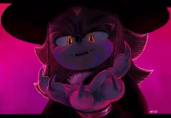 Size: 1088x754 | Tagged: safe, artist:msvartzy, shadow the hedgehog, 2025, claws, crossover, fangs, fur markings, glowing eyes, gradient background, hat, jinu (k-pop demon hunters), k-pop demon hunters, lidded eyes, lineless, looking at viewer, looking down, looking down at viewer, mouth open, movie style, open smile, signature, smile, solo, stupid sexy shadow