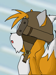 Size: 750x1000 | Tagged: safe, artist:pomato27, miles "tails" prower, 2010, goggles, gradient background, looking offscreen, looking up, pilot hat, side view, solo, standing