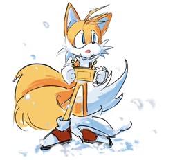 Size: 1488x1377 | Tagged: safe, artist:muhui_mumumu, miles "tails" prower, fox, 2025, holding something, looking offscreen, miles electric, mouth open, simple background, solo, standing, white background
