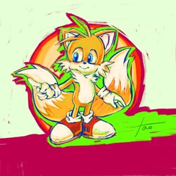Size: 2048x2048 | Tagged: safe, artist:tao5130, miles "tails" prower, fox, 2025, abstract background, looking offscreen, outline, pointing, redraw, signature, smile, solo, standing
