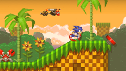 Size: 1450x815 | Tagged: safe, artist:nrdrawing, buzz bomber, sonic the hedgehog, 2023, abstract background, badnik, classic sonic, clothes, crabmeat, fake screenshot, flower, grass, outdoors, palm tree, pixel art, robot, running, solo focus, sonic 4:episode 1, splash hill zone, spring, sunflower, sunset, trio