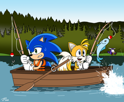 Size: 4000x3300 | Tagged: safe, artist:jparts03, big the cat, miles "tails" prower, sonic the hedgehog, 2025, boat, canoe, clenched teeth, daytime, duo focus, fish, fishing, fishing pole, forest, holding something, life jacket, literal animal, outdoors, smile, splash, sweatdrop, tree, trio, water