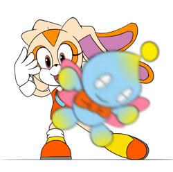 Size: 1293x1282 | Tagged: safe, artist:thecakeee, cheese (chao), cream the rabbit, chao, 2022, duo, flat colors, meme, neutral chao, simple background, smile, standing, throwing, white background, woe