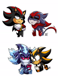 Size: 1556x2046 | Tagged: safe, artist:francoisl-artblog, eclipse the darkling, mephiles the dark, shadow the hedgehog, 2019, arms folded, black sclera, frown, group, holding something, lidded eyes, looking at each other, looking at something, no mouth, phone, red sclera, shadow android, simple background, squinting, standing, white background