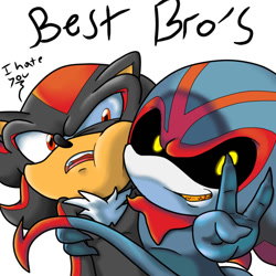 Size: 792x792 | Tagged: safe, artist:fangirldsq, eclipse the darkling, shadow the hedgehog, 2014, arm around shoulders, black sclera, cheek squish, cheek to cheek, clenched teeth, dialogue, duo, english text, frown, hugging, looking at viewer, mouth open, side hug, simple background, smile, standing, text, v sign, white background, yellow teeth