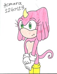 Size: 723x937 | Tagged: safe, artist:cmara, 2023, chameleon, hands together, liza the chameleon, looking offscreen, signature, smile, solo, standing, traditional media