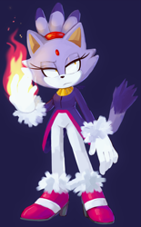 Size: 3959x6388 | Tagged: safe, artist:deaddu, blaze the cat, cat, 2018, fire, fire hand, flame, frown, lidded eyes, lineless, looking offscreen, purple background, simple background, solo, standing