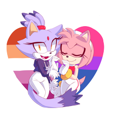 Size: 2756x3126 | Tagged: safe, artist:deaddu, amy rose, blaze the cat, 2019, alternate outfit, alternate version, amy x blaze, bisexual, bisexual pride, duo, heart, heart hands, lesbian, lesbian pride, pride, shipping, simple background, smile, transparent background
