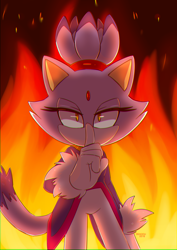 Size: 4092x5787 | Tagged: safe, artist:deaddu, blaze the cat, 2018, abstract background, fire, lidded eyes, looking at viewer, redraw, shooshing, signature, solo, standing