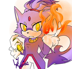 Size: 1024x985 | Tagged: safe, artist:12squibbles, blaze the cat, 2017, clenched teeth, fire, fire hand, flame, frown, holding something, looking at viewer, signature, simple background, sol emerald, solo, standing, white background