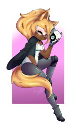 Size: 1500x2400 | Tagged: safe, artist:miroshi-wa, whisper the wolf, 2018, abstract background, eyes closed, holding something, signature, smile, solo