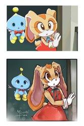 Size: 1800x2700 | Tagged: safe, artist:miroshi-wa, cheese (chao), cream the rabbit, chao, 2019, :o, abstract background, duo, flying, looking offscreen, mid-air, mouth open, neutral chao, redraw, signature, sonic x, standing, wall