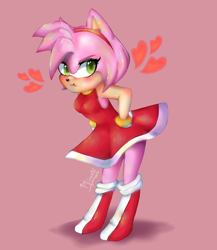 Size: 2000x2300 | Tagged: safe, artist:miroshi-wa, amy rose, 2018, angry, bending over, hands on hips, heart, looking at viewer, pink background, pout, shadow (lighting), signature, simple background, solo, standing