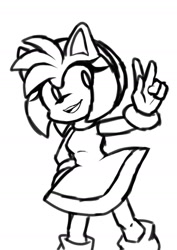 Size: 900x1273 | Tagged: safe, artist:shadalethehedgehog, amy rose, 2016, hand on hip, line art, looking offscreen, monochrome, mouth open, open smile, simple background, smile, solo, standing, v sign, white background