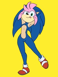 Size: 768x1024 | Tagged: safe, artist:ozzybae, amy rose, sonic the hedgehog, 2017, flat colors, hands behind head, kigurumi, simple background, smile, smiling at viewer, solo, standing, tongue out, yellow background
